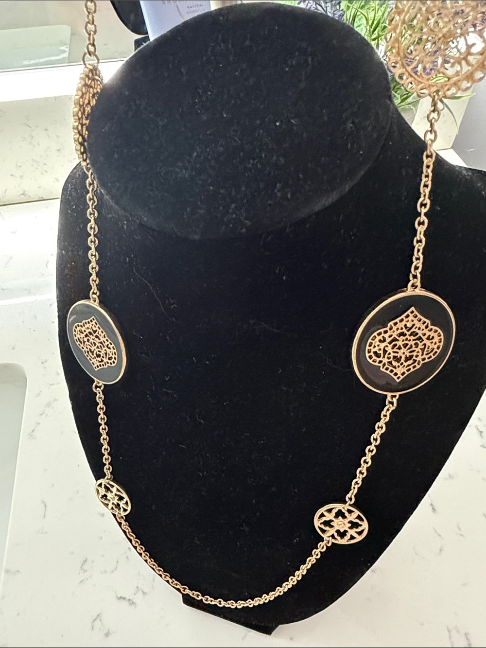 Source Unknown Gold-Tone Filigree Long Necklace with Black Accents